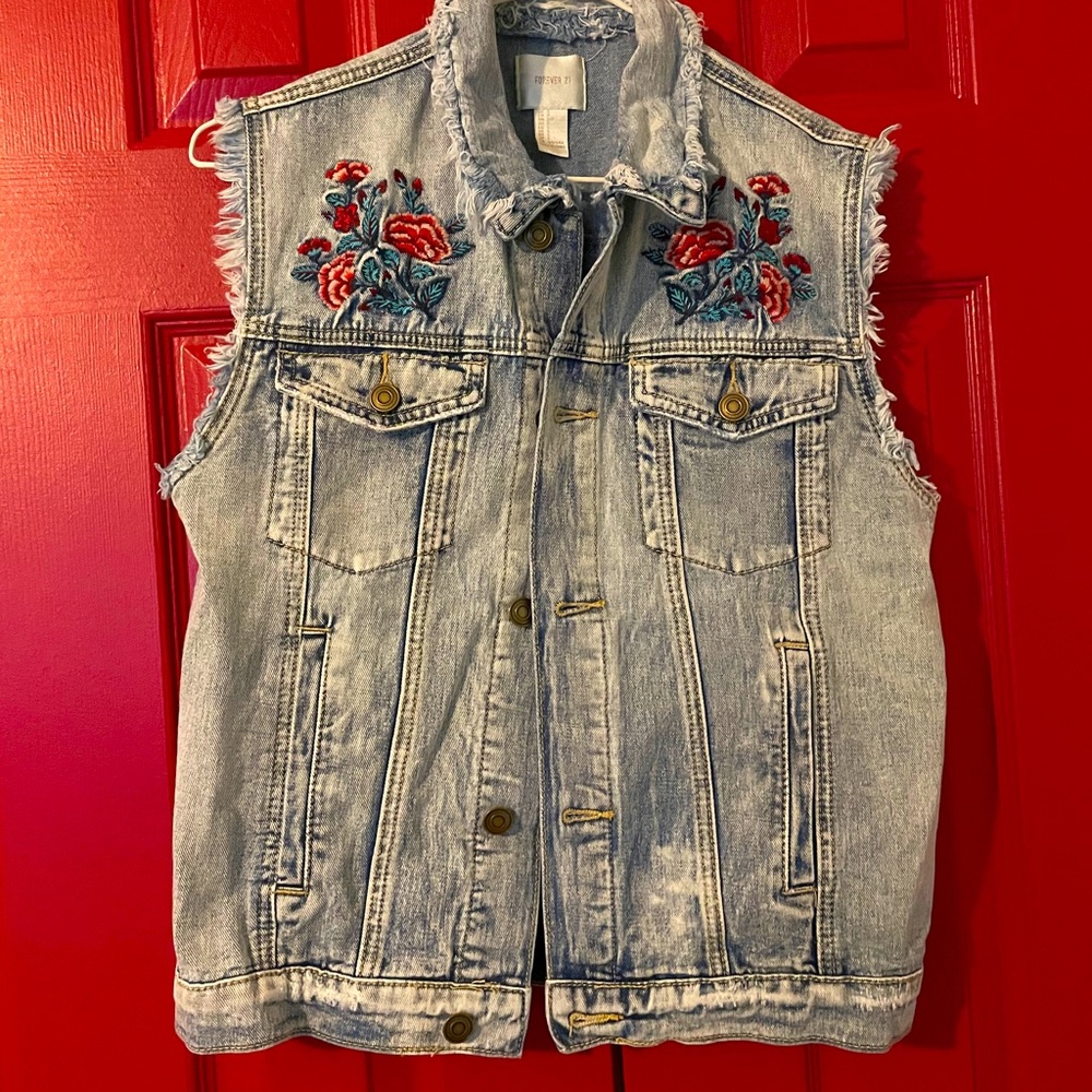 Forever 21 Jean Vest with Rose Embroidery